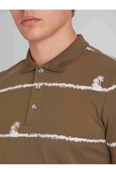 Dufy Khaki Men's Slim Fit Safari Patterned Crew Neck T-Shirt - 57634
