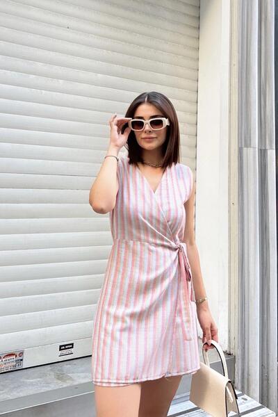 NEW LAVİVA Mavi & Kırmızı, Kolsuz, Keten, Kruvaze, Belden Bağlamalı, Elbise Görünümlü Şort Etekli Kısa Tulum