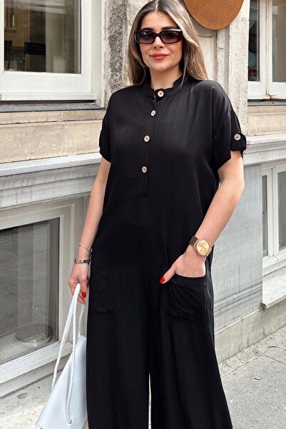 NEW LAVİVA Women's Black High End Collar, Short Sleeve, Front Pouch Pocket, Loose Fit, Belmondo Safari Jumpsuit