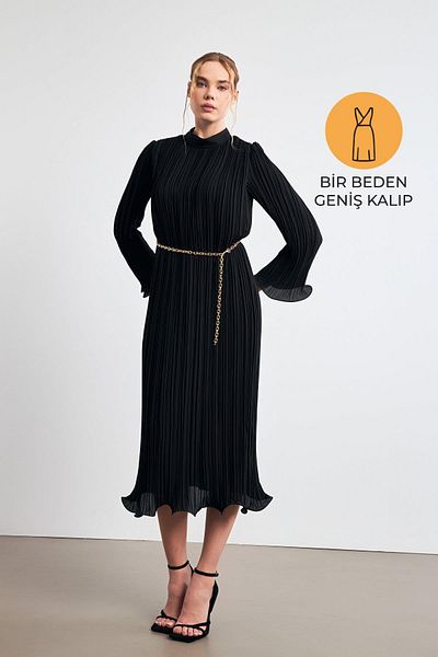 Setre Black Turtleneck Waist Belt Detailed Midi Length Wide Fit Dress