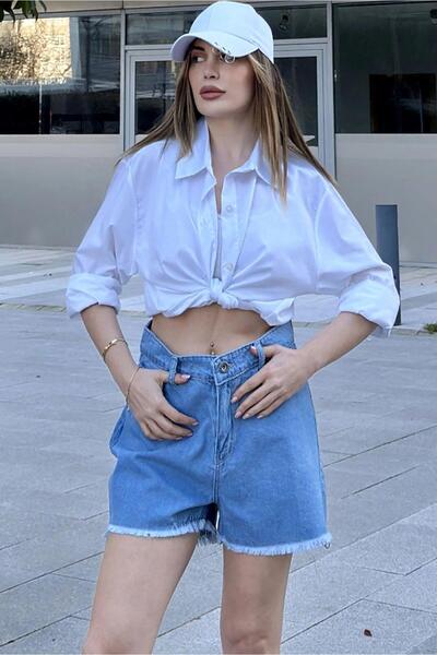 NEW LAVİVA Kadın Mavi Püsküllü Paça, Yüksek Bel, Rahat Denim-Kot Şort