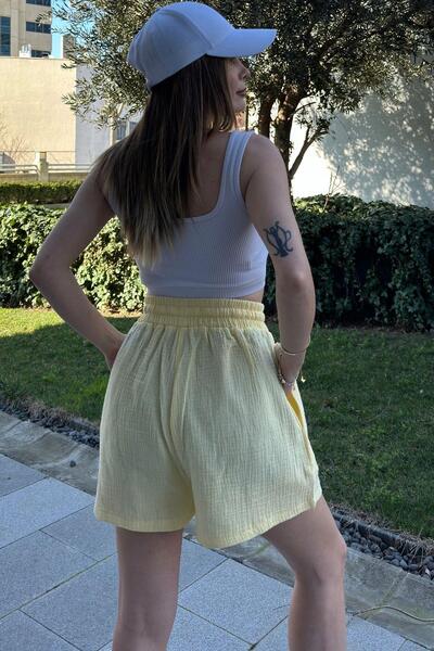NEW LAVİVA Yellow Casual Muslin Women's Shorts - Pockets and Laces