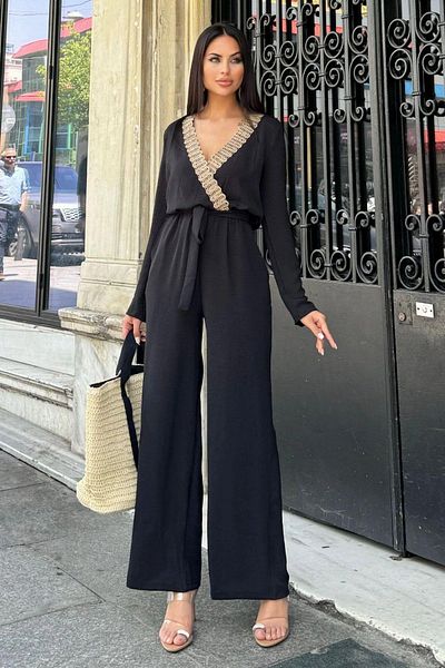 NEW LAVİVA Black Straw Airobin Jumpsuit - Double Breasted Collar, Belt Pocket, Elastic Waist