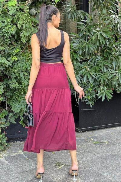 NEW LAVİVA Claret Red Long Chiffon Skirt - Layered Fabric, Comfortable Fit, Elastic Waist