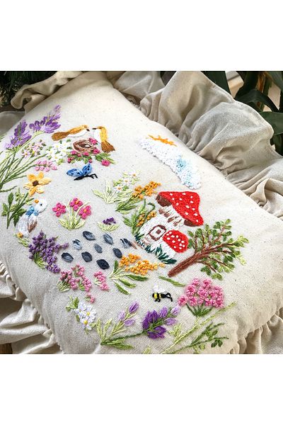 Home Fairy Tale Themed Baby Pillow. Wildflower Embroidered Hand Embroidered Linen Fabric with Inner Filling 60X45 Size