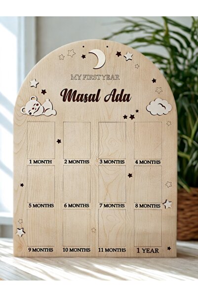 Dlyn Dalyan Kişiye Özel Ahşap Fotoğraf Panosu – Bebek Fotoğraf Panosu - İlk 12 Ay Anı Çerçevesi