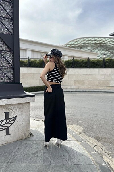 NEW LAVİVA Women's Black Half Slit Front, High Waist, Pocket Long Gabardine Skirt