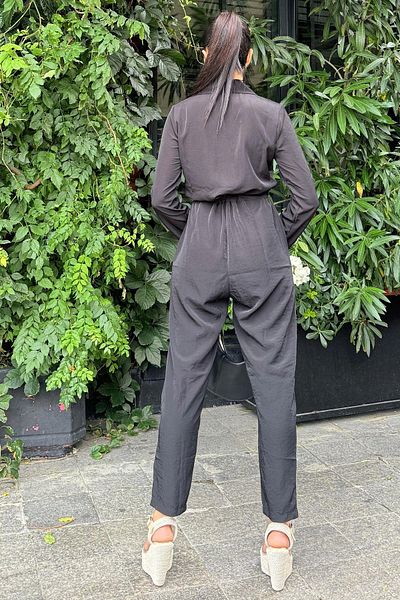 NEW LAVİVA Black Long Sleeve - Shirt Collar Airobin Safari Women's Overalls with Pockets and Belt