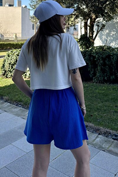 NEW LAVİVA Saks Women's Shorts - Pockets, Laces, Elastic Waist, Loose Muslin