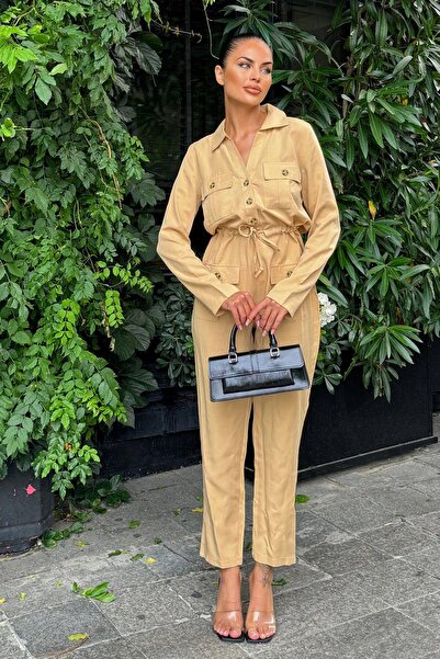 NEW LAVİVA Γυναικεία φόρμα Safari - Μακρύ μανίκι, γιακάς πουκάμισου, με τσέπες και ζώνη