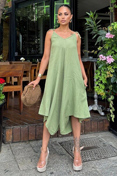NEW LAVİVA Kadın Haki İthal Müslin Kumaş, İp Askılı, Asimetrik Kesim, Terletmez, Salaş Tulum