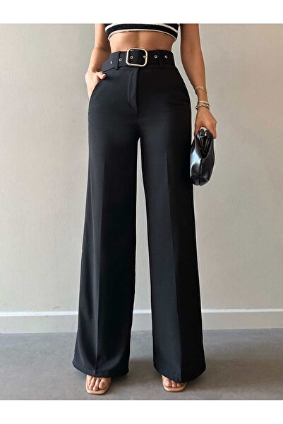Butilya Şık Siyah Kemerli Geniş Paça Palazzo Pantolon - Zarif ve Modern Tasarım