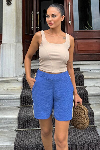 NEW LAVİVA Indigo Women's Shorts - Airobin Fabric, Elastic Waist, Straw Detail, Comfortable Cut