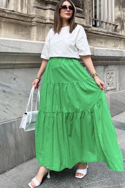 NEW LAVİVA Γυναικεία πράσινη ασύμμετρη εφαρμογή, ελαστική μέση, ύφασμα με βολάν, μακριά βαμβακερή φούστα