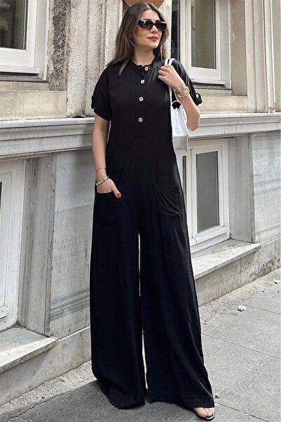 NEW LAVİVA Women's Black High End Collar, Short Sleeve, Front Pouch Pocket, Loose Fit, Belmondo Safari Jumpsuit