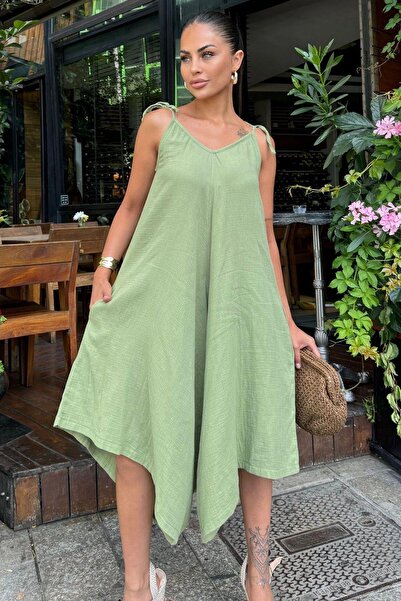 NEW LAVİVA Kadın Haki İthal Müslin Kumaş, İp Askılı, Asimetrik Kesim, Terletmez, Salaş Tulum