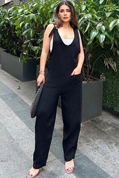 NEW LAVİVA Black Muslin Fabric - Sweat-Proof, Strappy Loose Jumpsuit with Tie-Up Shoulder Detail