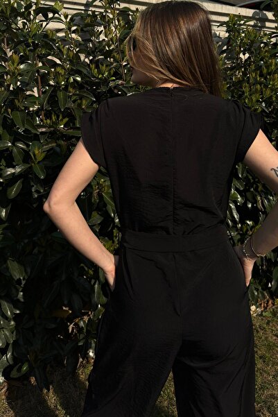 NEW LAVİVA Black Double-breasted Collar and Belted Waist Comfortable Women's Jumpsuit - Short Sleeve