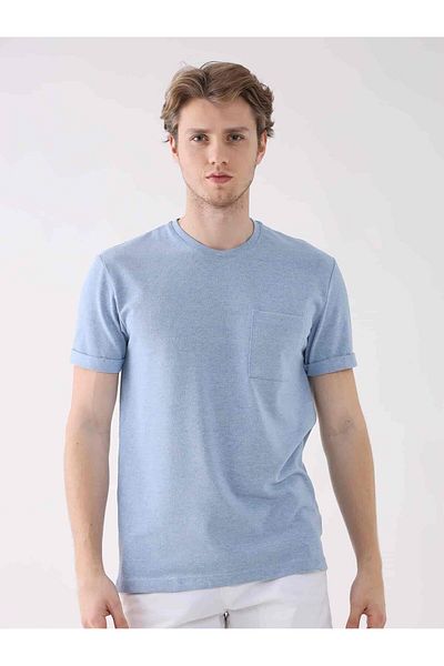 Dufy Light Blue Men's Regular Fit Plain Crew Neck T-Shirt - 94005