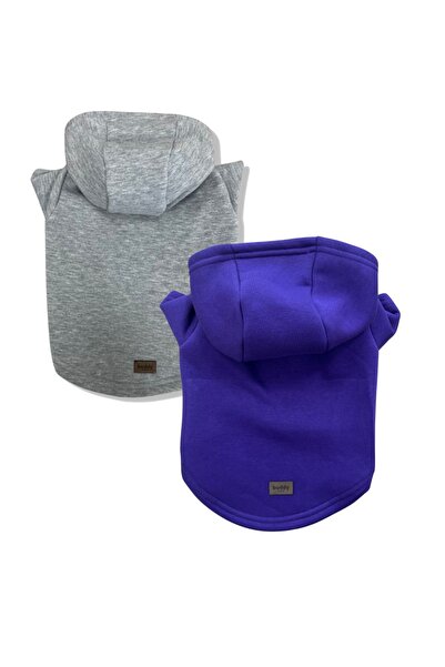 Buddy Store سويت شيرت بغطاء للرأس باللون الأرجواني والرمادي (100% قطن) ملابس للقطط والكلاب