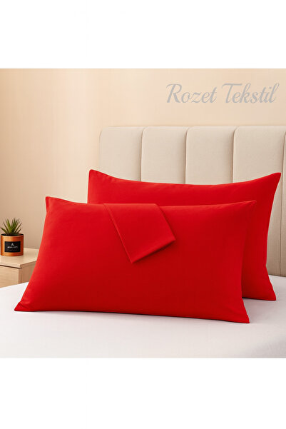 ROZET TEKSTİL 2 كيس وسادة قطن أحمر - 50x70 سم مع غطاء