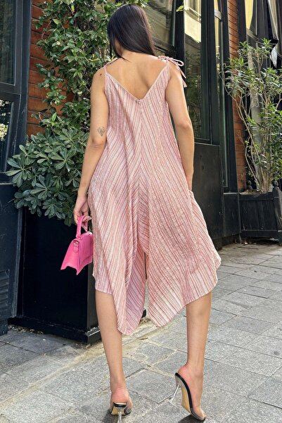 NEW LAVİVA Claret Red Rope Strap Asymmetric Cut Textured Fabric Women's Jumpsuit