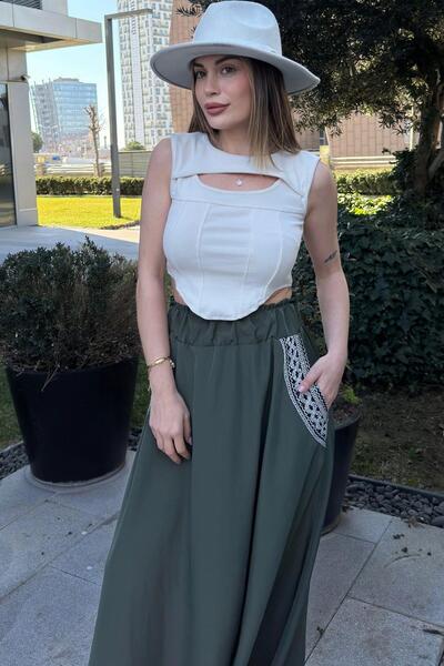 NEW LAVİVA Talie elastică kaki pentru femei, buzunare brodate cu paie, croială confortabilă, fustă lungă în evazată