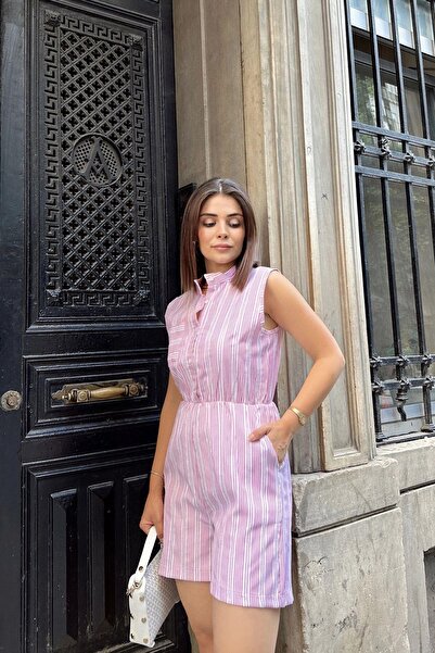 NEW LAVİVA Pembe Kolsuz, Düğmeli Hakim Yaka, Beli Lastikli, Cepli, Şort Modelli Kısa Çizgili Tulum