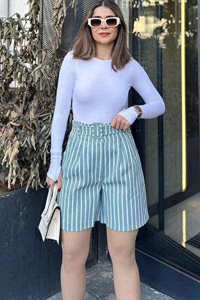 NEW LAVİVA Mint Belted High Waist Pleated Gabardine Women's Shorts - Relaxed Fit