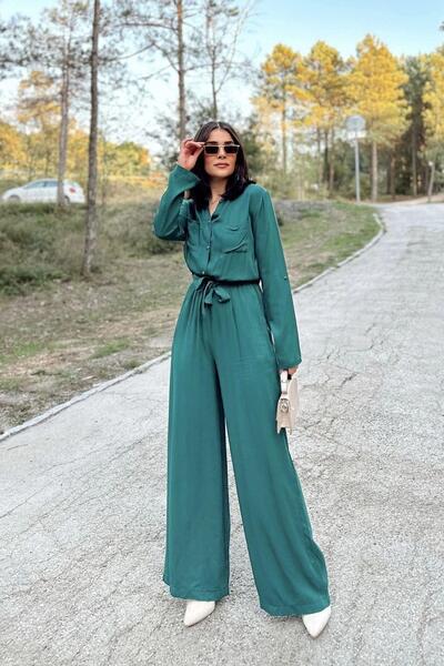 NEW LAVİVA Women's Emerald Green Long Sleeve, Round Neck, Elastic Waist and Belt, Double Pocket, Loose Jumpsuit
