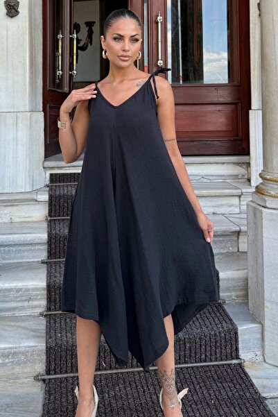 NEW LAVİVA Black Muslin Women's Jumpsuit - Rope Strap, Asymmetric Cut, Anti-Sweat and Loose