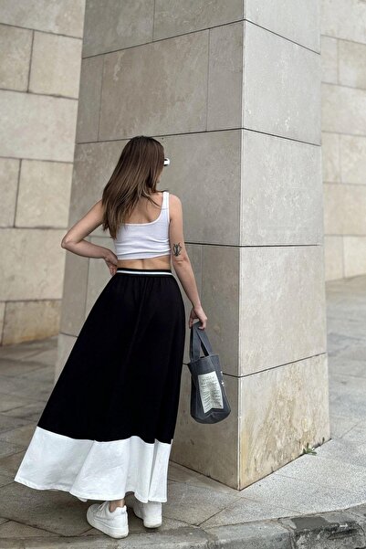 NEW LAVİVA Women's Black & White Color Block Pattern, Elastic Waist, Comfortable Fit, Long Skirt with Pockets