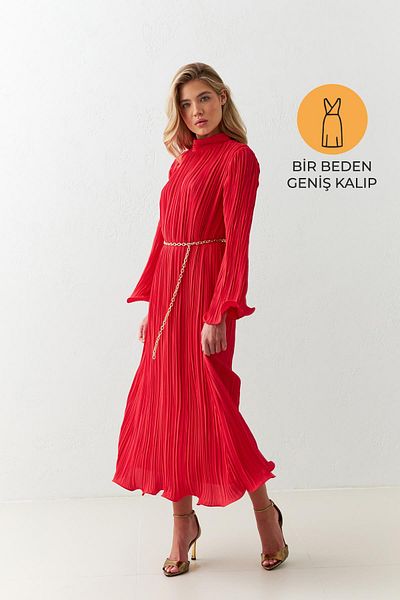 Setre Red Turtleneck Waist Belt Detailed Midi Length Wide Fit Dress