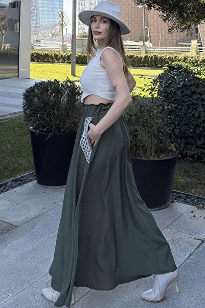 NEW LAVİVA Talie elastică kaki pentru femei, buzunare brodate cu paie, croială confortabilă, fustă lungă în evazată