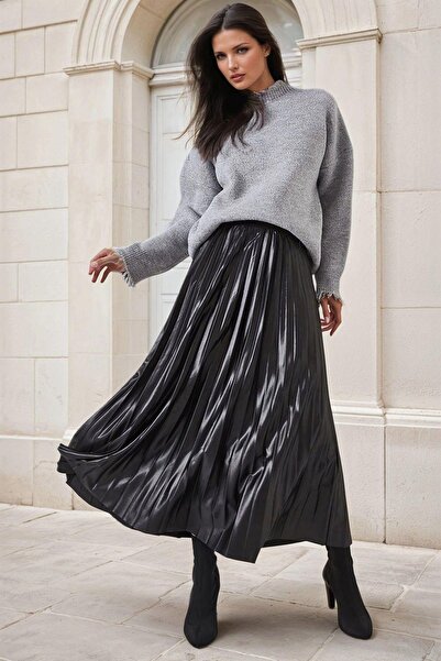 NEW LAVİVA Μαύρη ψηλόμεση, ελαστική λεπτομέρεια μέσης, πλισέ μακριά φούστα