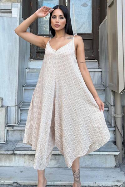 NEW LAVİVA Beige Women's Jumpsuit - Rope Strap, Asymmetric Cut, Textured Loose Fabric