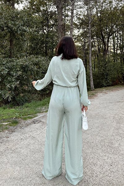 NEW LAVİVA Γυναικείο μακρυμάνικο μέντα, γιακάς πουκάμισου, ελαστική μέση, 4 τσέπες, ελαστικός αστράγαλος, φαρδιά φόρμα