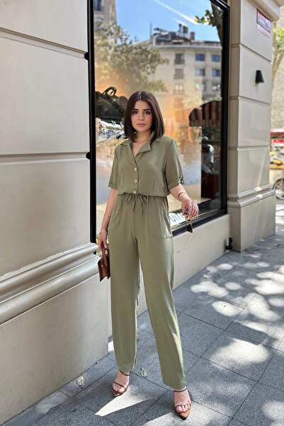 NEW LAVİVA Haki Apaş Yaka, Kısa Kol, Keten/Airobin Kumaş, Rahat Kesim, Yarım Patlı, Beli Büzgülü Tulum