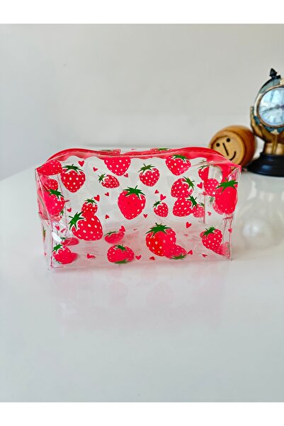 SENEM DESİGN Çilek Desenli Şeffaf Makyaj Çantası