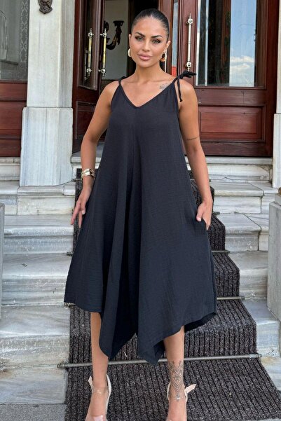 NEW LAVİVA Black Muslin Women's Jumpsuit - Rope Strap, Asymmetric Cut, Anti-Sweat and Loose