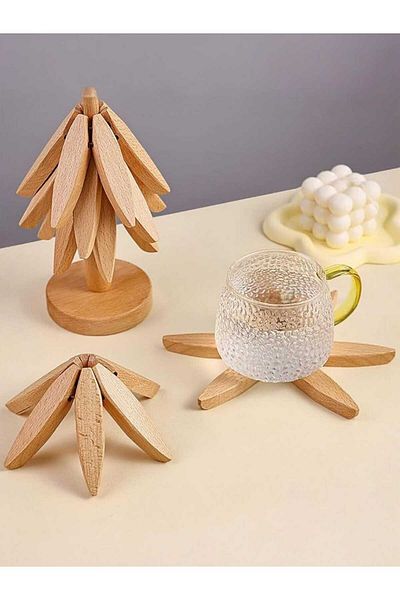 elfnur Bamboo Trivet with 4 Stands Practical Folding Trivet Bamboo Cup Pot Mat Heat Resistant