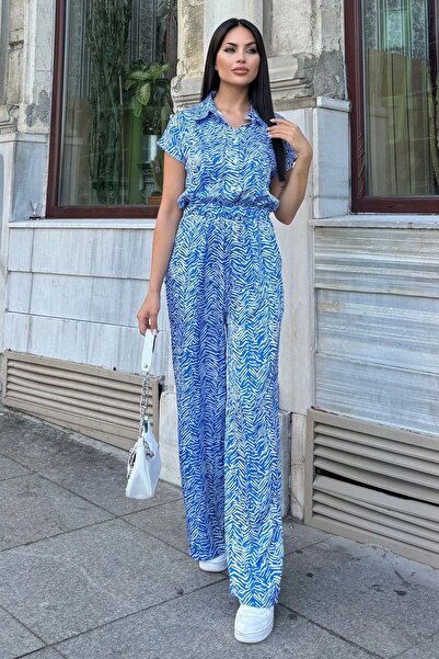 NEW LAVİVA Salopetă pentru femei cu model Saks - jumătate de mânecă, guler cămașă, talie elastică, satin lung și liber