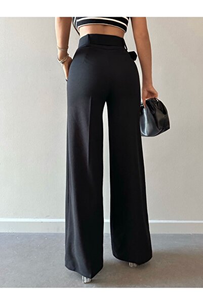 Butilya Şık Siyah Kemerli Geniş Paça Palazzo Pantolon - Zarif ve Modern Tasarım