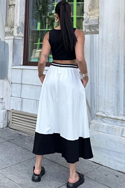 NEW LAVİVA White and Black Color Block Pattern - Stripe Elastic, Comfortable Fit, Long Women's Skirt with Pockets