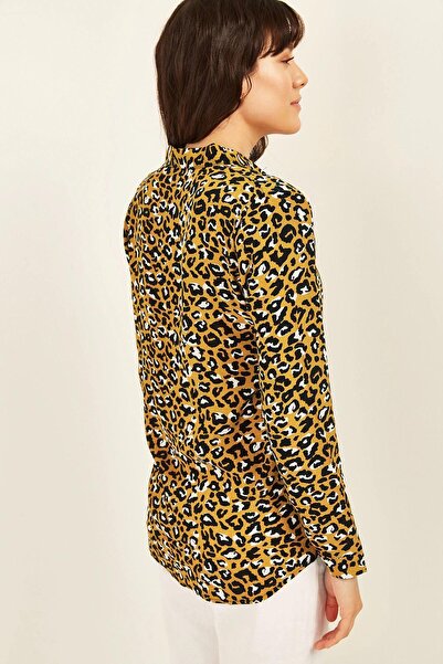 NEW LAVİVA Cămașă de damă, muștar, cu model leopard, cu guler clasic, cu mânecă lungă, cu croiala normală, mărime standard