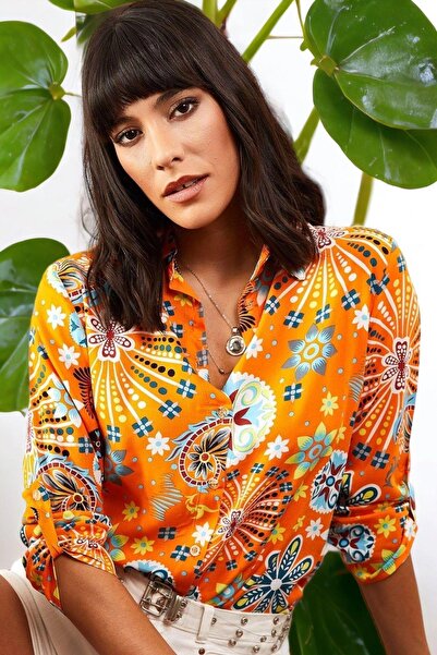 NEW LAVİVA Cămașă portocalie clasică pentru femei, cu model floral multicolor - mânecă lungă, croială normală și lungime standard