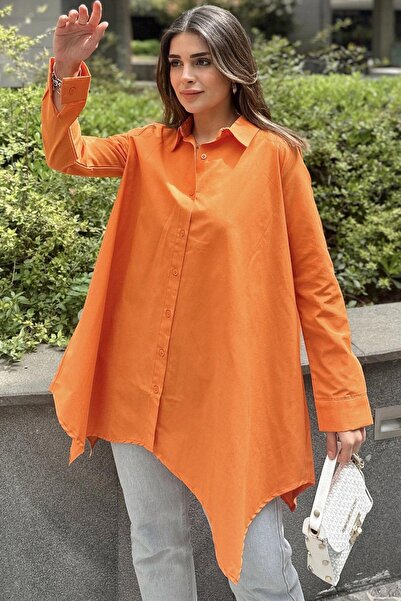 NEW LAVİVA Tunică largi din bumbac portocaliu - cămașă cu mânecă lungă, cu croială asimetrică
