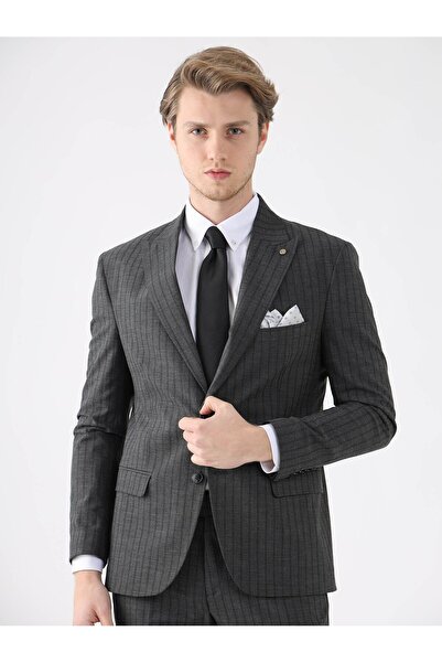 Dufy Siyah Erkek Slim Fit Çizgili Casual Mono Yaka Takım Elbise - 93172