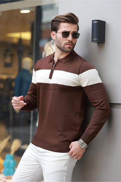 Madmext Brown Zippered Polo Collar Striped Long Sleeve Sweater E7288