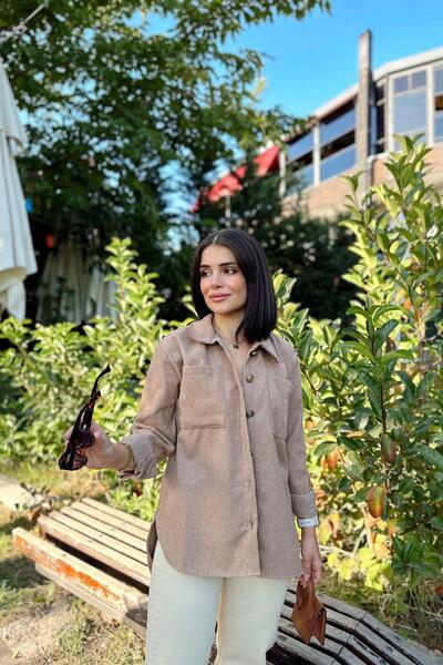 NEW LAVİVA Women's Mink Long Sleeve, Double Pocket, Oval Cut Hem, Cashmere Shirt Jacket